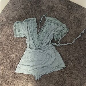 Blue Blush Lace Trim Light Blue Romper